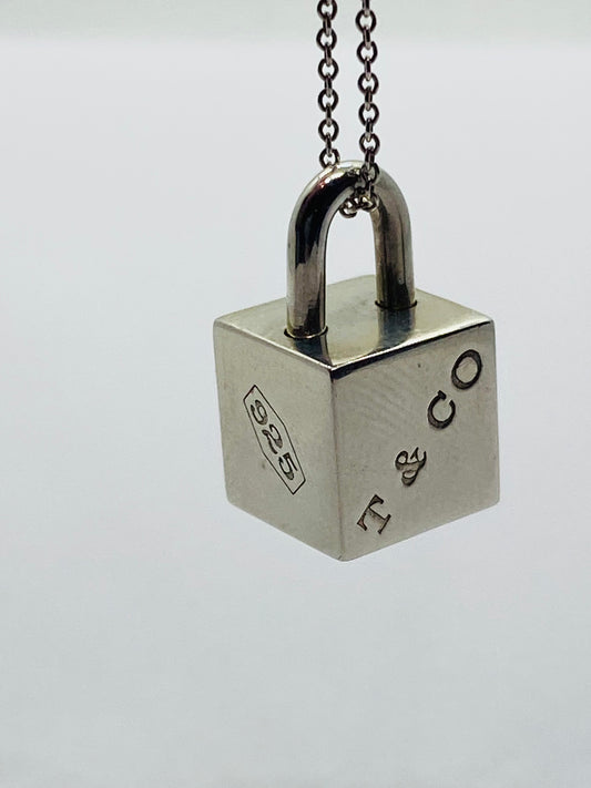 Tiffany & Co Silver 1837 Square Cube Padlock Pendant Charm Necklace 16” Rare