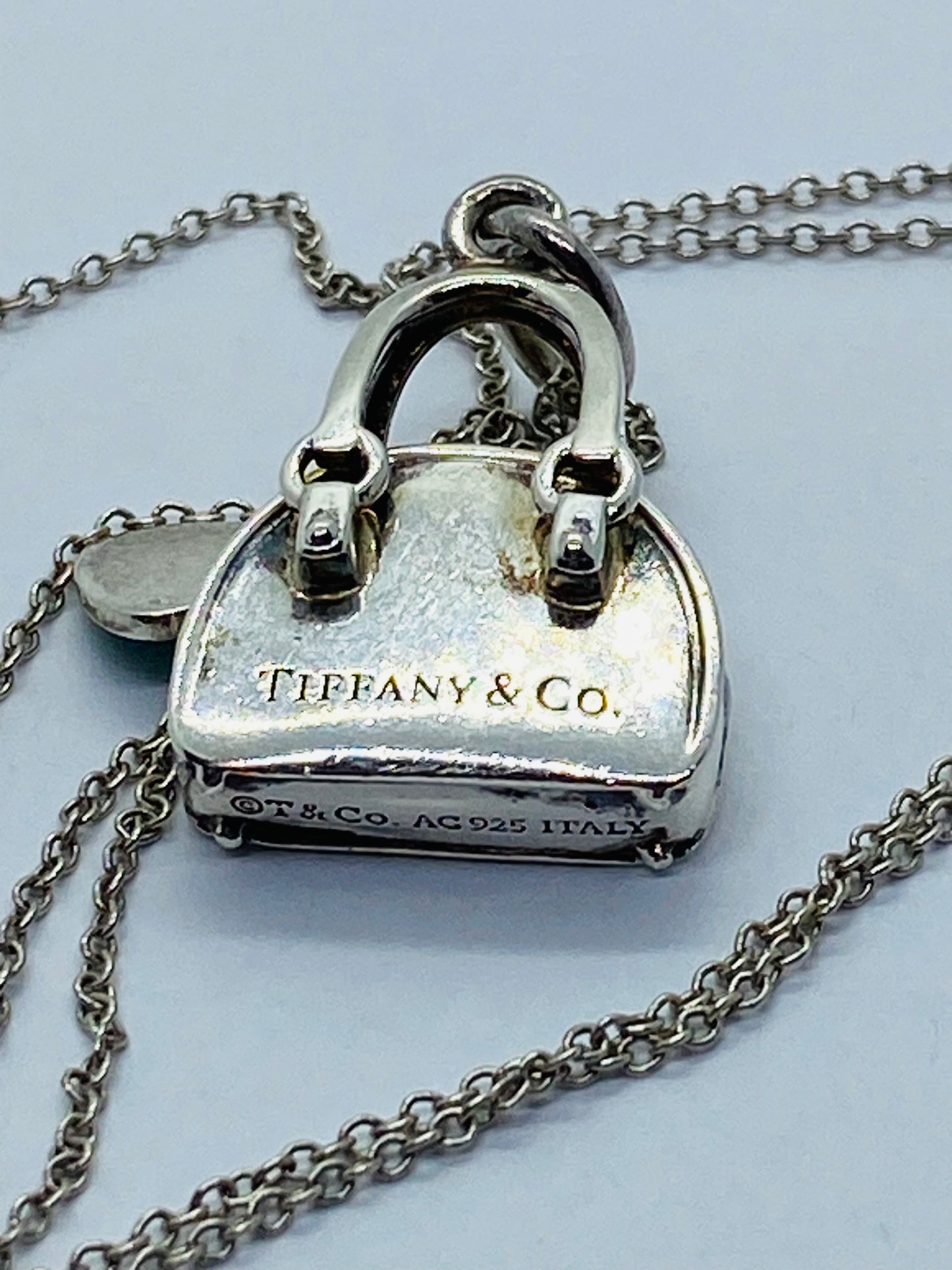 Tiffany & Co. Sterling Silver Handbag and Enamel Heart Italy  Pendant Necklace