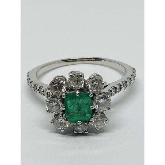 Natural Emerald and Diamond 14K White Gold Engagement Cocktail Ring 7.5