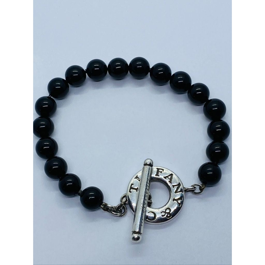 Tiffany & Co Bracelet Black Onyx Beads 925 Polished Sterling Silver Toggle Clasp