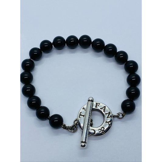 Tiffany & Co Bracelet Black Onyx Beads 925 Polished Sterling Silver Toggle Clasp