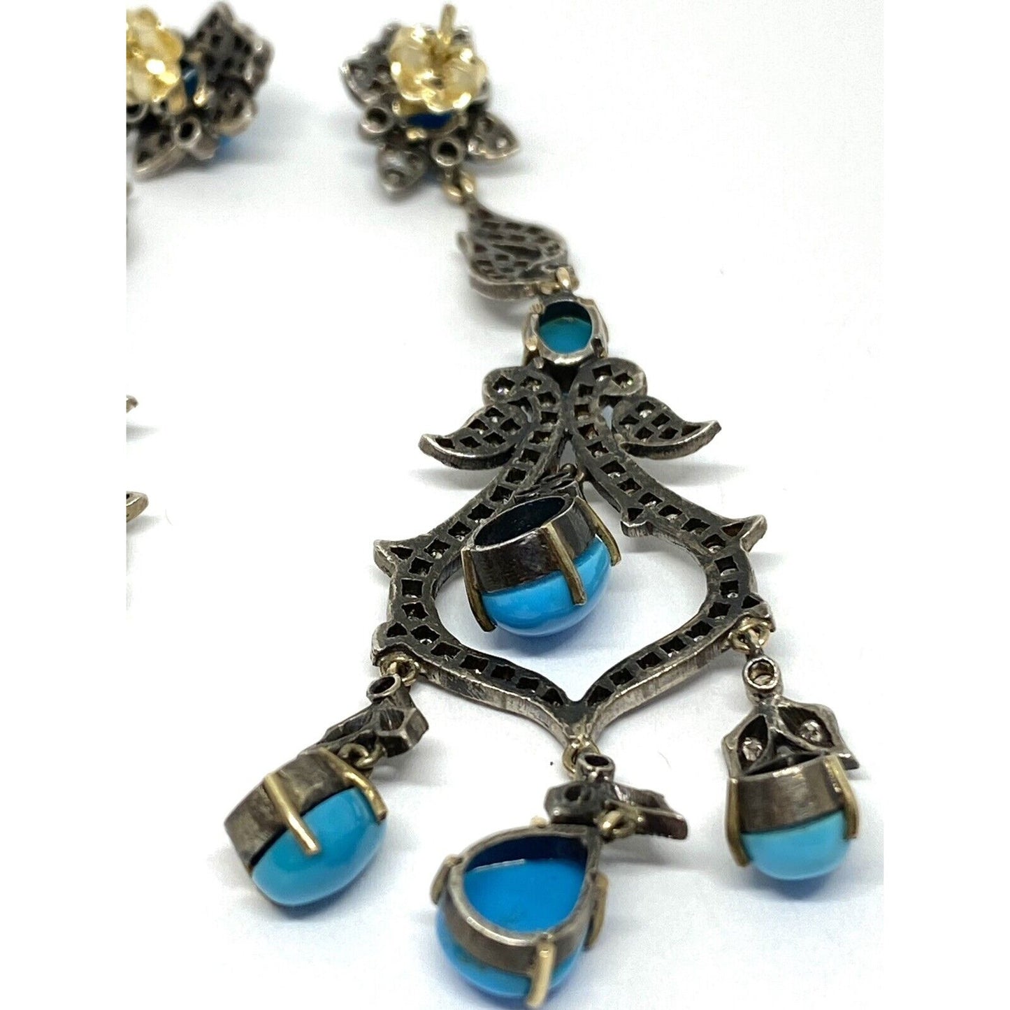 Diamond Turquoise Silver 14K Gold Filigree Long Drop Earrings 16.9 Mint!