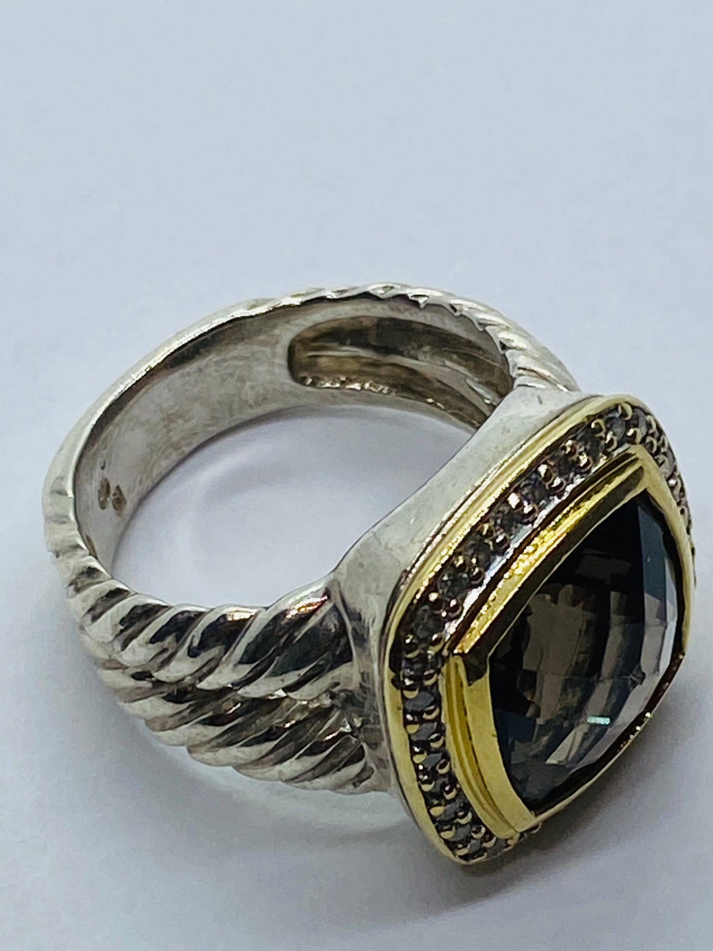 David Yurman Silver 925 & 18k Gold Albion 11mm Smoky Topaz Diamond Ring Sz 6.25