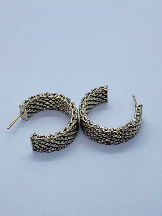 Tiffany & Co Sterling Silver Somerset Wide Hoop Earrings 7/8”  Pouch Box