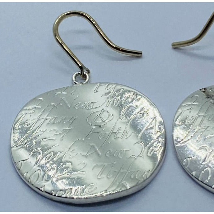 Tiffany & Co. Round Disc Notes Script Drop Dangle Love Earrings Silver