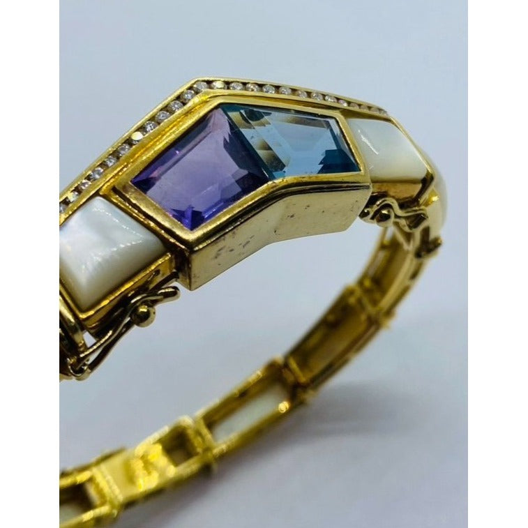 Denoir Diamond MOP Amethyst Topaz 18K Gold Chevron Bracelet 33.8 Grams