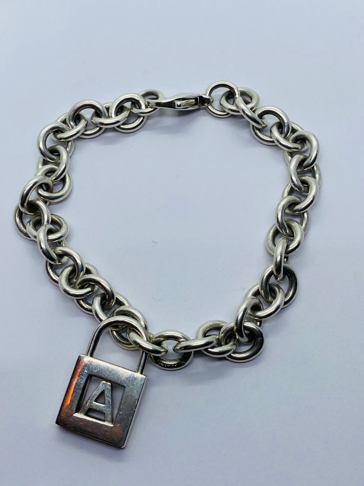 Tiffany & Co Sterling Silver Letter A Alphabet Initial Padlock Bracelet 8”