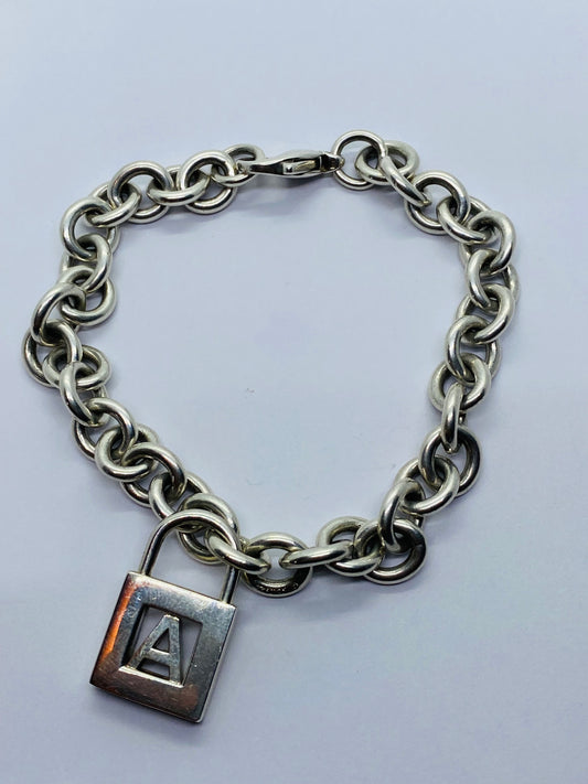 Tiffany & Co Sterling Silver Letter A Alphabet Initial Padlock Bracelet 8”