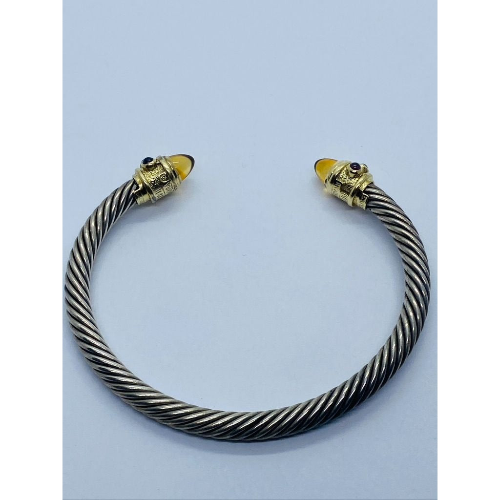 David Yurman Sterling Silver 14k Citrine Amethyst Renaissance 5mm Cable Cuff Bracelet