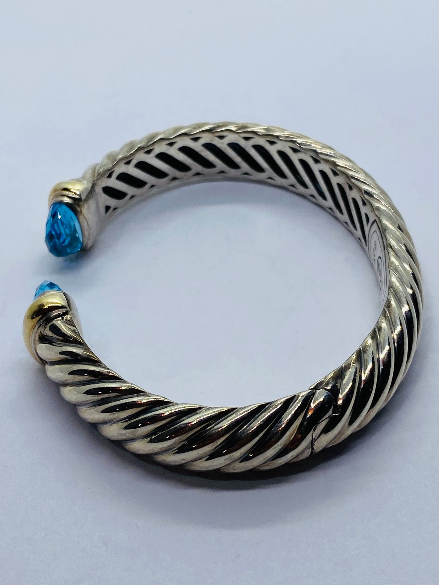 David Yurman 10.5mm Silver & 18k Gold Waverly Cable Cuff Bracelet Blue Topaz