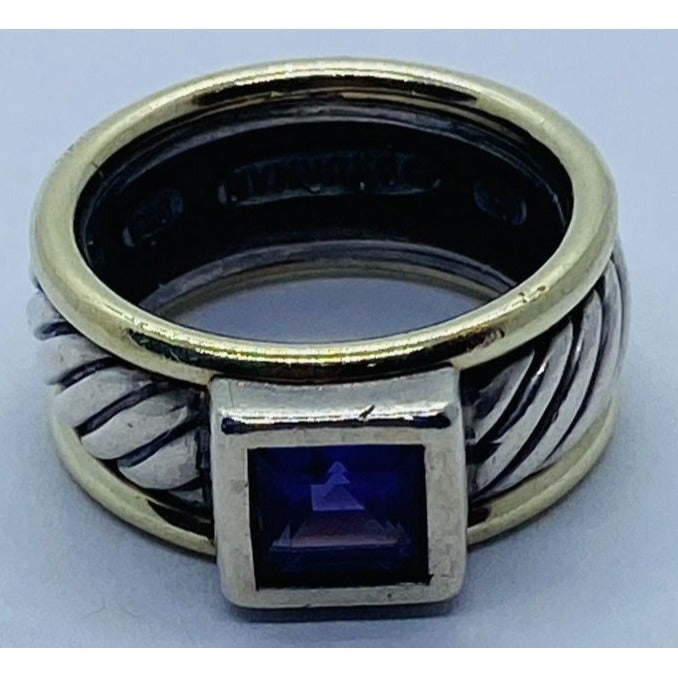 David Yurman Sterling 14K Yellow Gold Cigar Cable Ring Amethyst Band 5.75