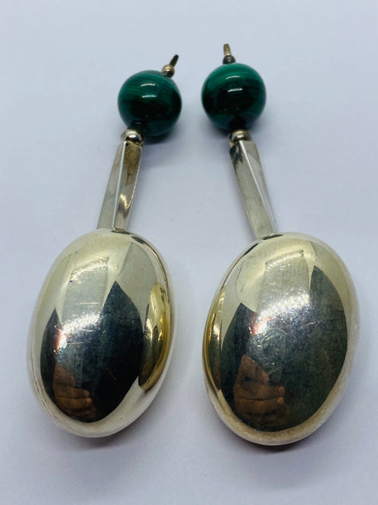 Tiffany & Co.  Sterling Silver Huge Malachite Drop Dangle Clip Earrings