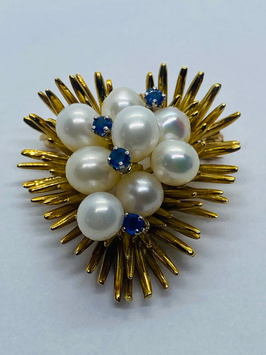 Tiffany & Co. Pearl Sapphire Pin Brooch Heart 18k Yellow Gold Vintage 34x31MM