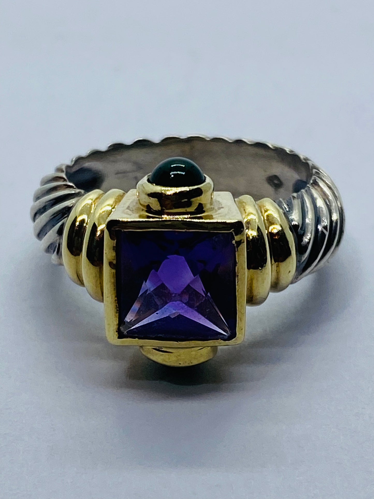 David Yurman 925 14K Gold Renaissance Cable Ring Amethyst Green Onyx  Sz 7.75