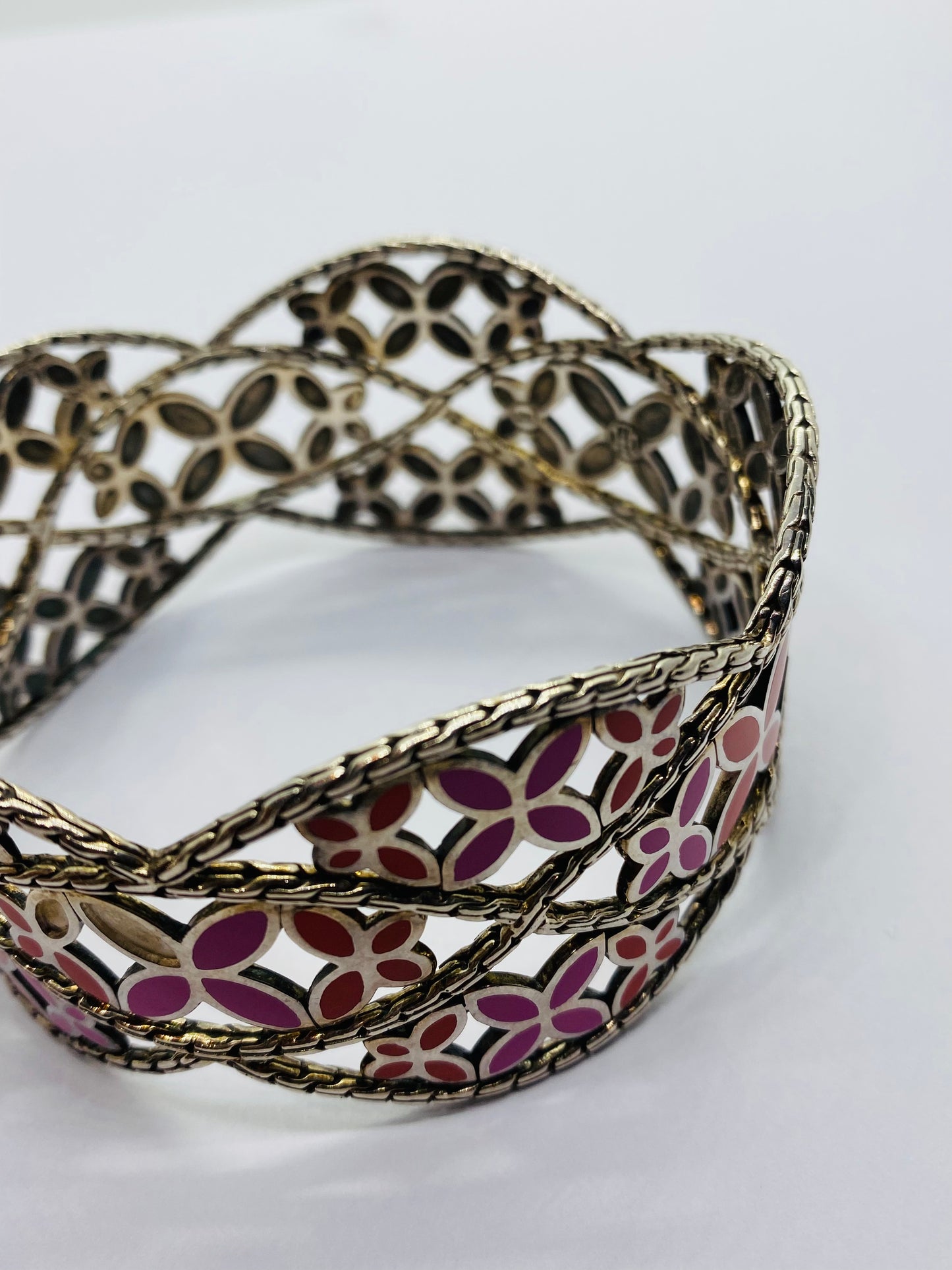 John Hardy 925 Sterling Kawung Vintage Enamel Floral wide Bangle READ! Bracelet