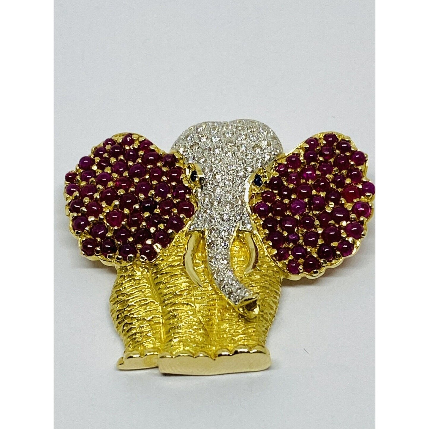 18k Solid Yellow Gold Elephant Brooch Pin With Natural Rubies Diamonds Sapphire