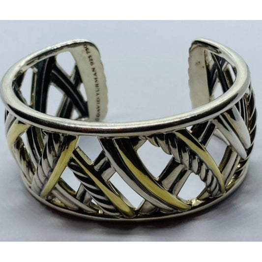 David Yurman Sterling Silver 18k Gold Papyrus Two Tone Wide Cuff Bangle Bracelet