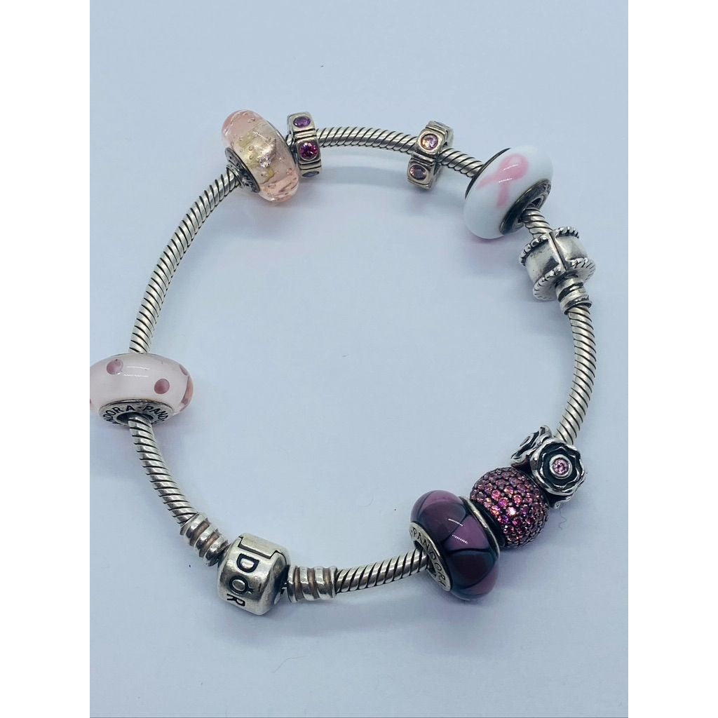 Authenitc Pandora Sterling Silver Bracelet With 9 Charms Pink Purple Theme