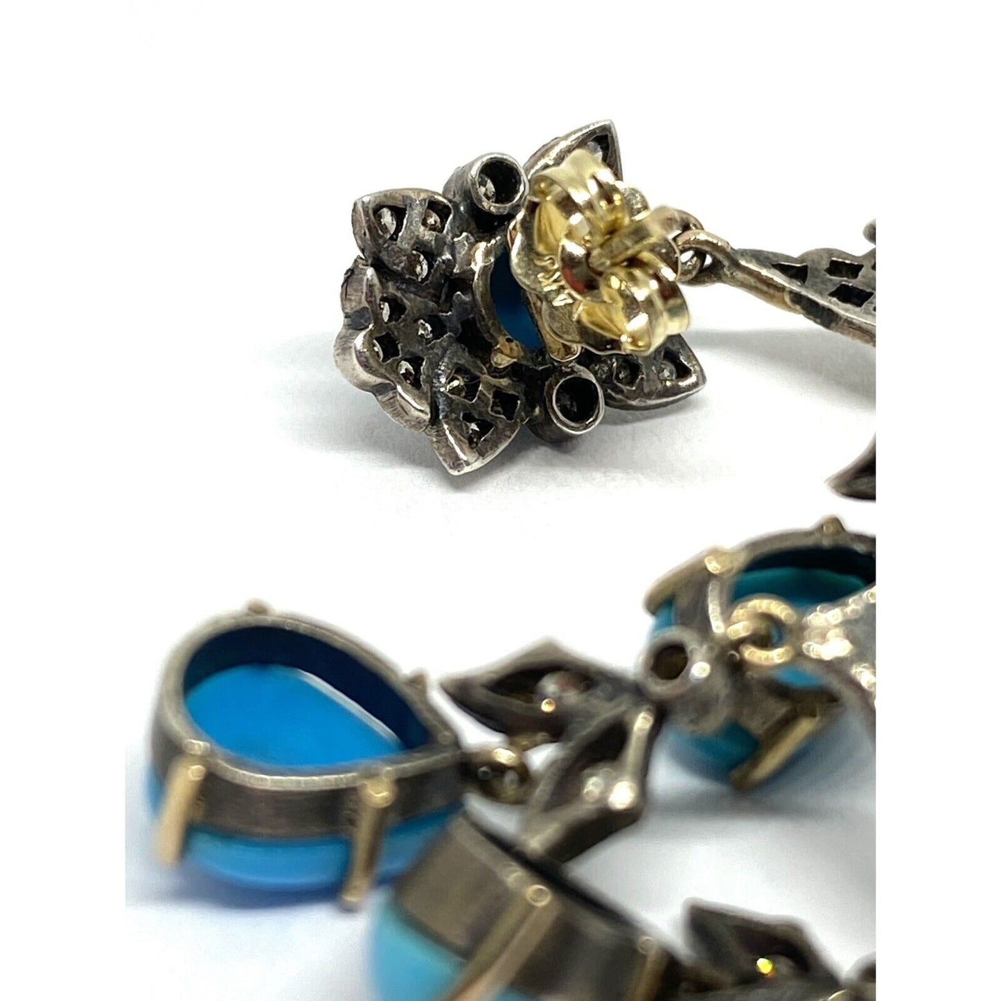 Diamond Turquoise Silver 14K Gold Filigree Long Drop Earrings 16.9 Mint!