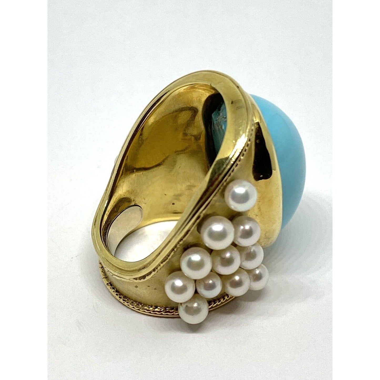 Huge 16CT Natural Turquoise Pearl 18K Gold Wide Shield Ring 30.3 Grams Gia Cert