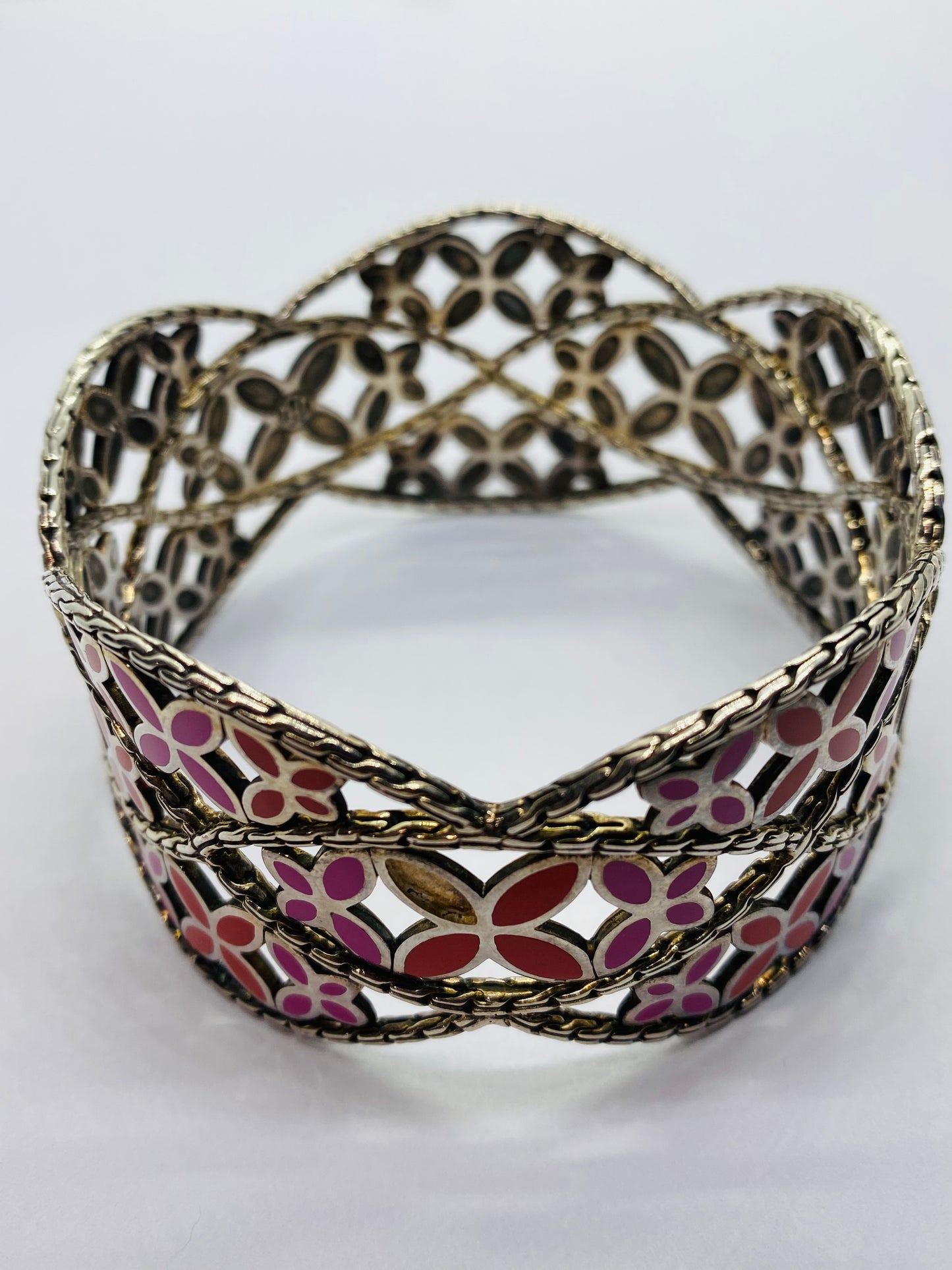 John Hardy 925 Sterling Kawung Vintage Enamel Floral wide Bangle READ! Bracelet