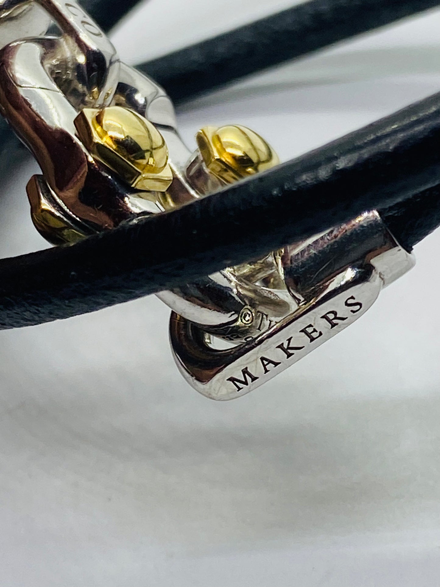 Tiffany & co. 1837 Makers Black leather cord Sterling and 18k Bracelet 14.25”
