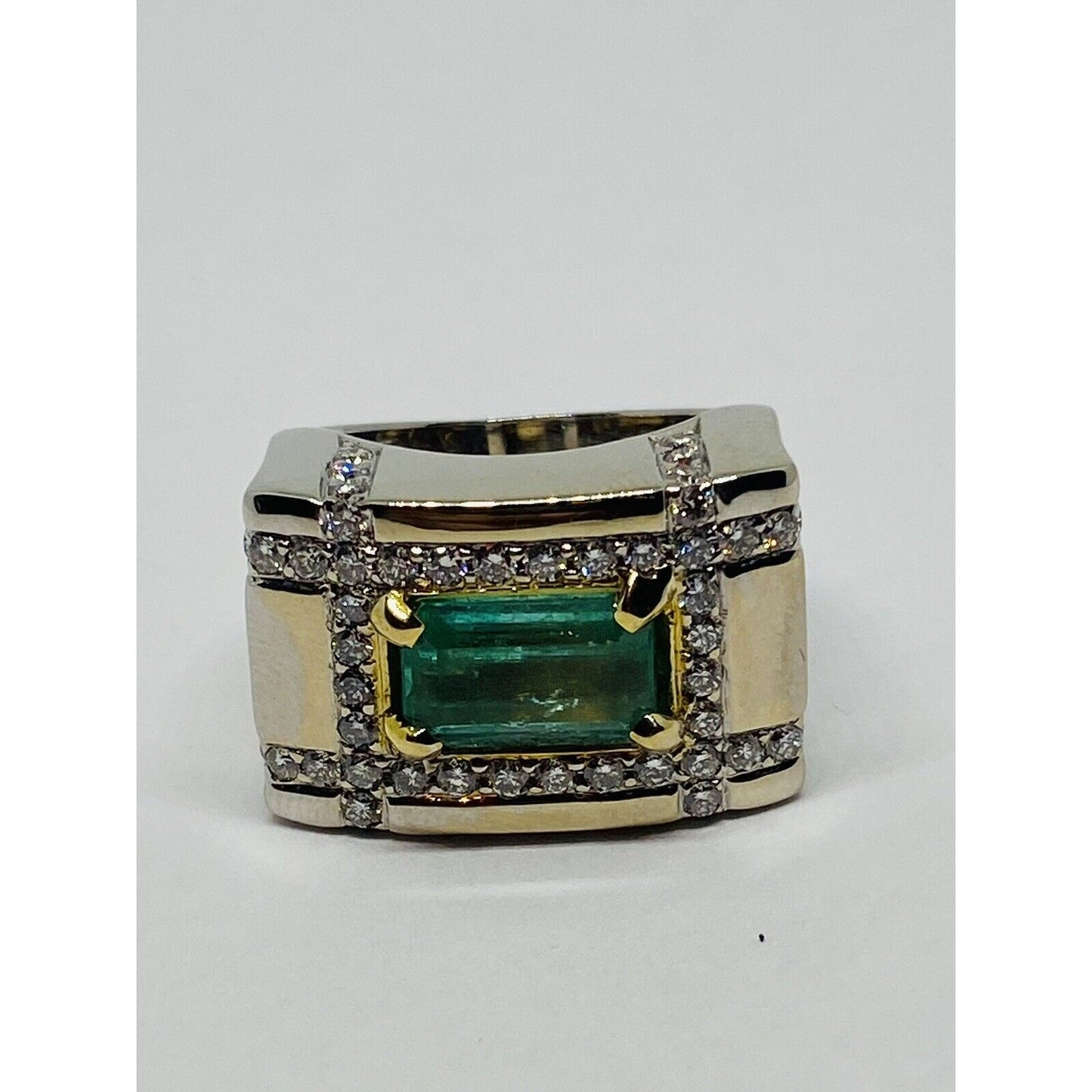 18K White Yellow Gold ASP SIGNED Emerald 3CT Diamond .90 Size 6.25 HEAVY