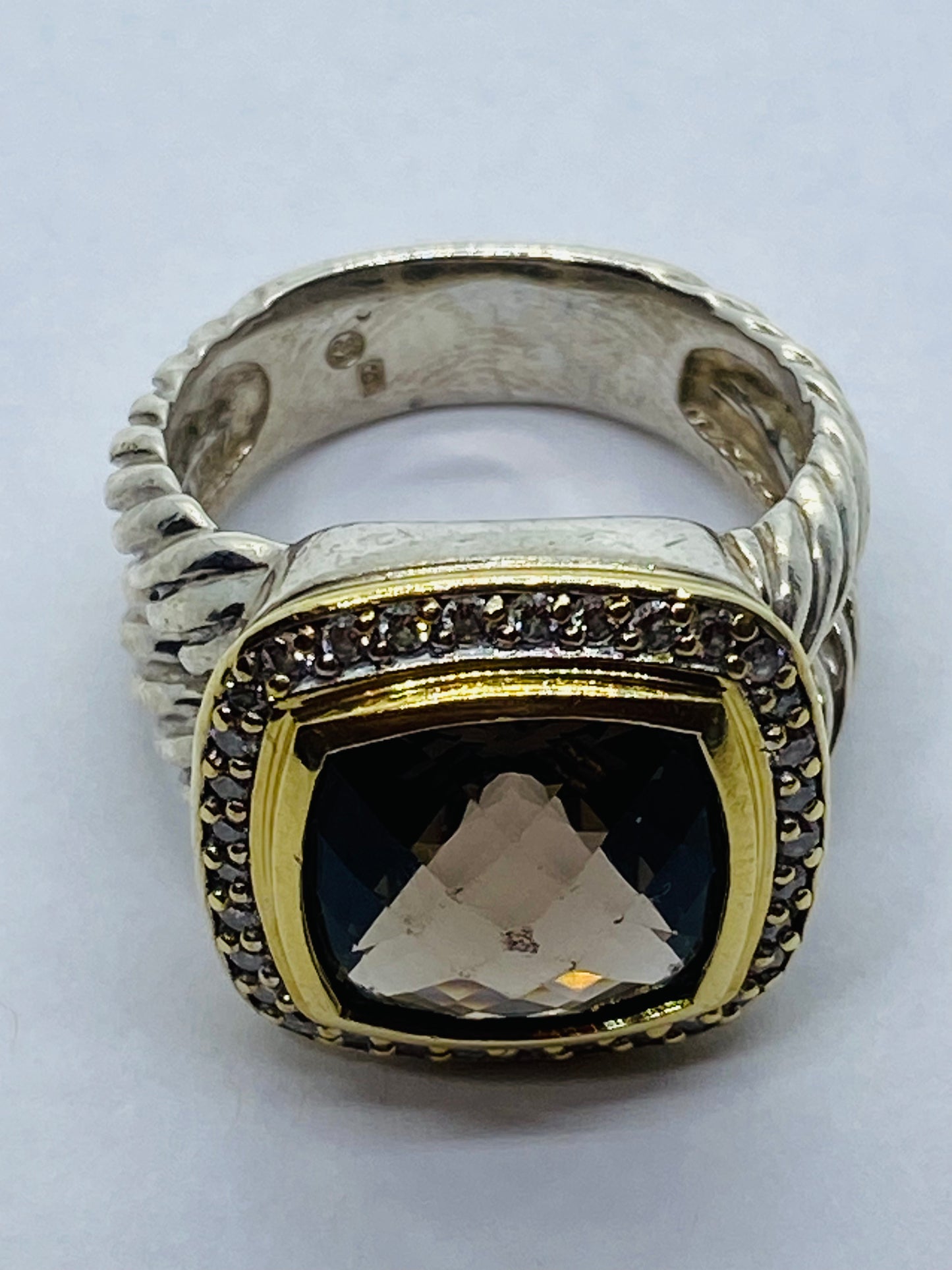 David Yurman Silver 925 & 18k Gold Albion 11mm Smoky Topaz Diamond Ring Sz 6.25