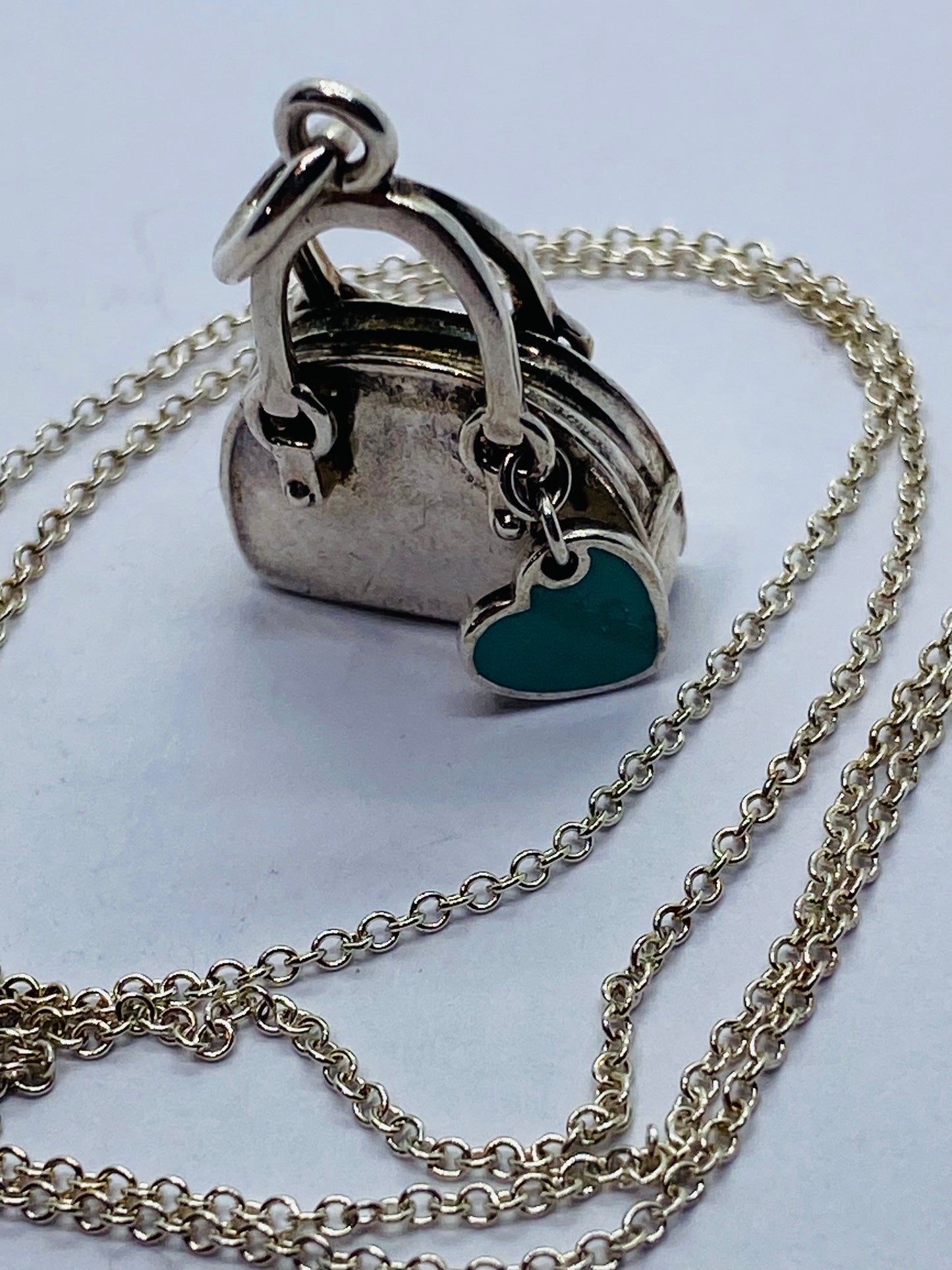Tiffany & Co. Sterling Silver Handbag and Enamel Heart Italy  Pendant Necklace