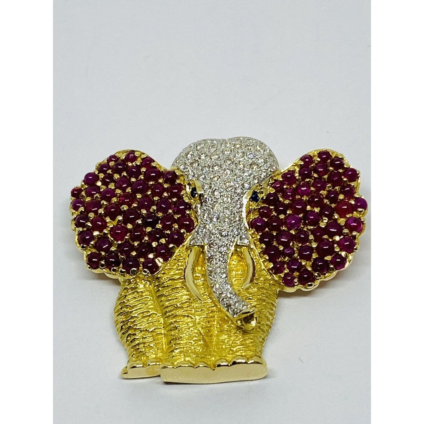 18k Solid Yellow Gold Elephant Brooch Pin With Natural Rubies Diamonds Sapphire