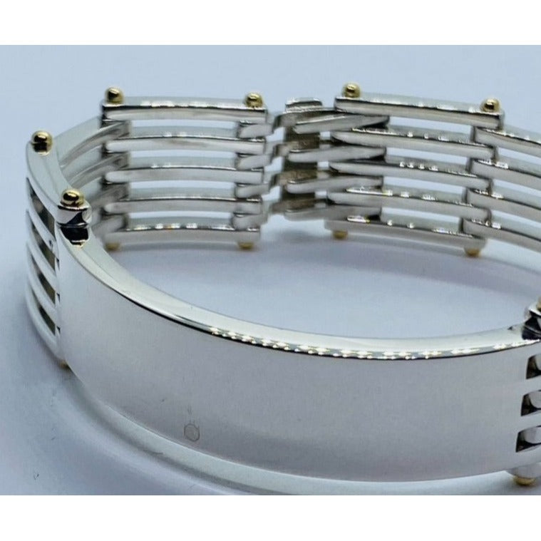 Tiffany & Co. Sterling Silver 18K 750 Yellow Gold ID Bar Gatelink Bracelet 7”