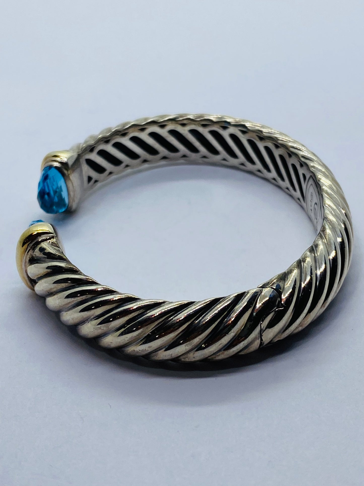 David Yurman 10.5mm Silver & 18k Gold Waverly Cable Cuff Bracelet Blue Topaz