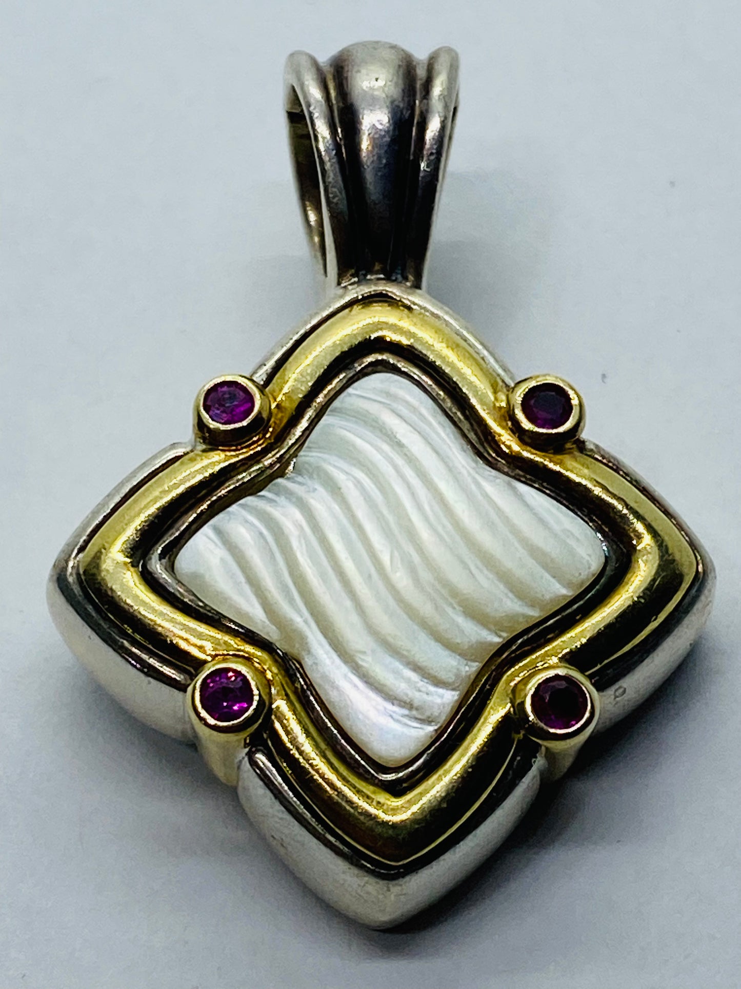 David Yurman SS & 18K Large 27MM Carved Mother of Pearl Quatrefoil  Pendant