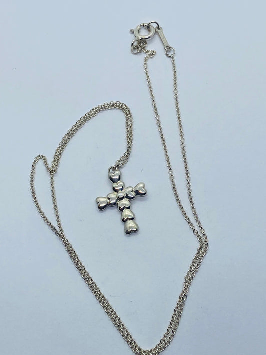 Tiffany & Co Silver Crown of Hearts Cross Pendant 16” Chain Necklace Pouch & Box