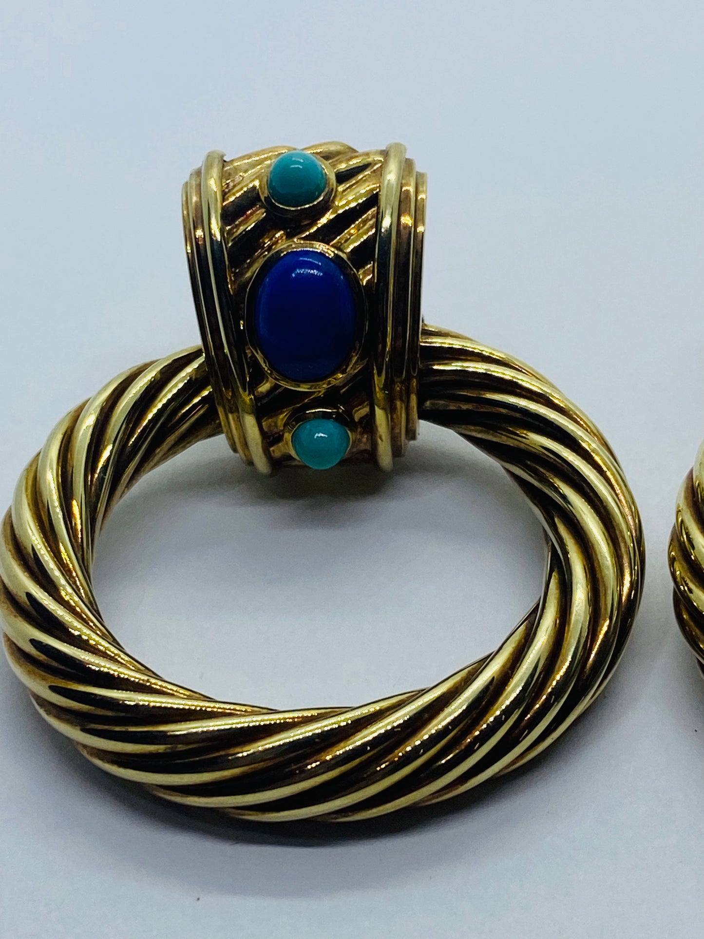 David Yurman Renaissance Lapis Turquoise 14k 7mm Cable Door Knocker Earrings 585