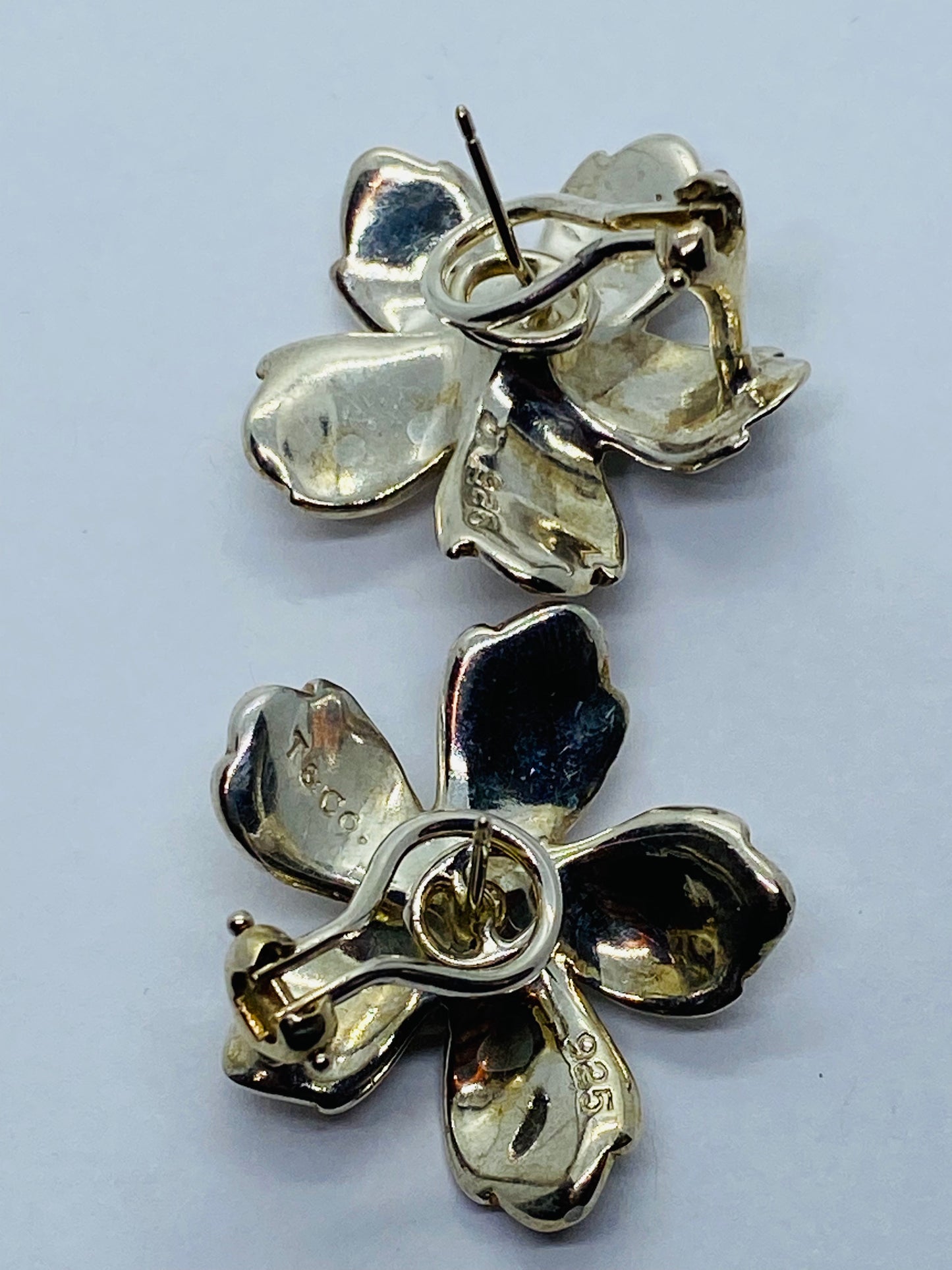Tiffany & Co Sterling Silver 925  Flower Earrings Omega Back Post 5 Petal Flower