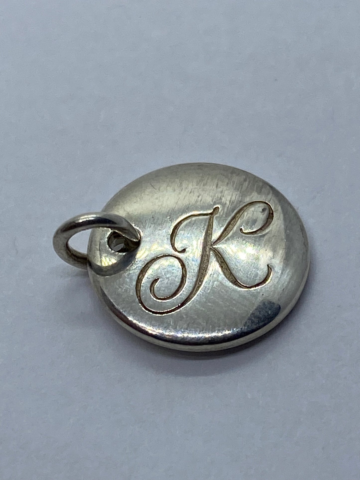 Tiffany Silver Letter K Alphabet Initial Round Circle Notes Charm Pendant