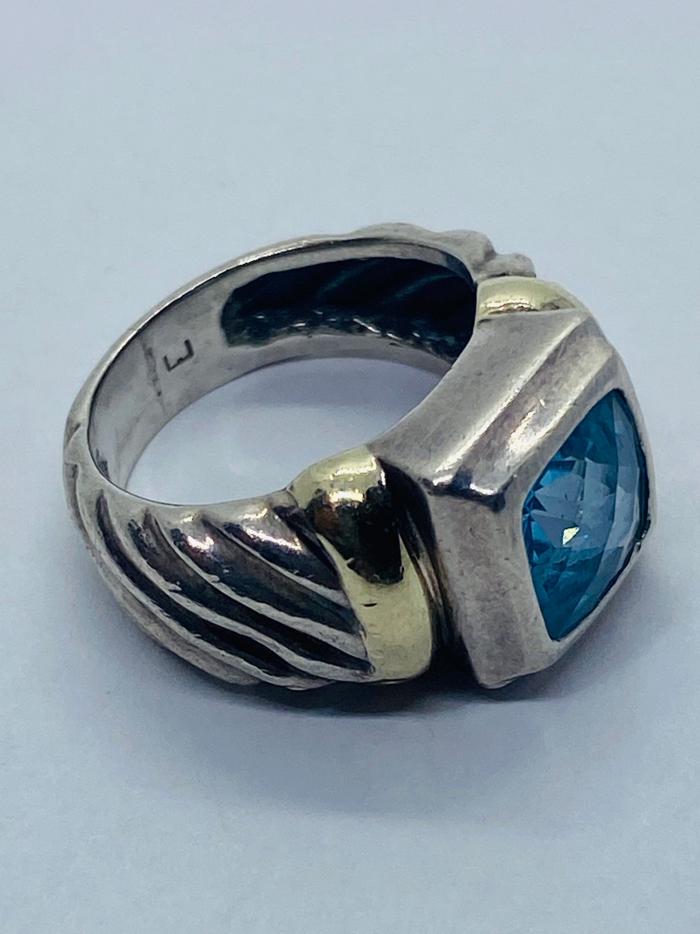 David Yurman Albion Sterling Silver & 14K Yellow Gold Blue Topaz Ring - Size 5