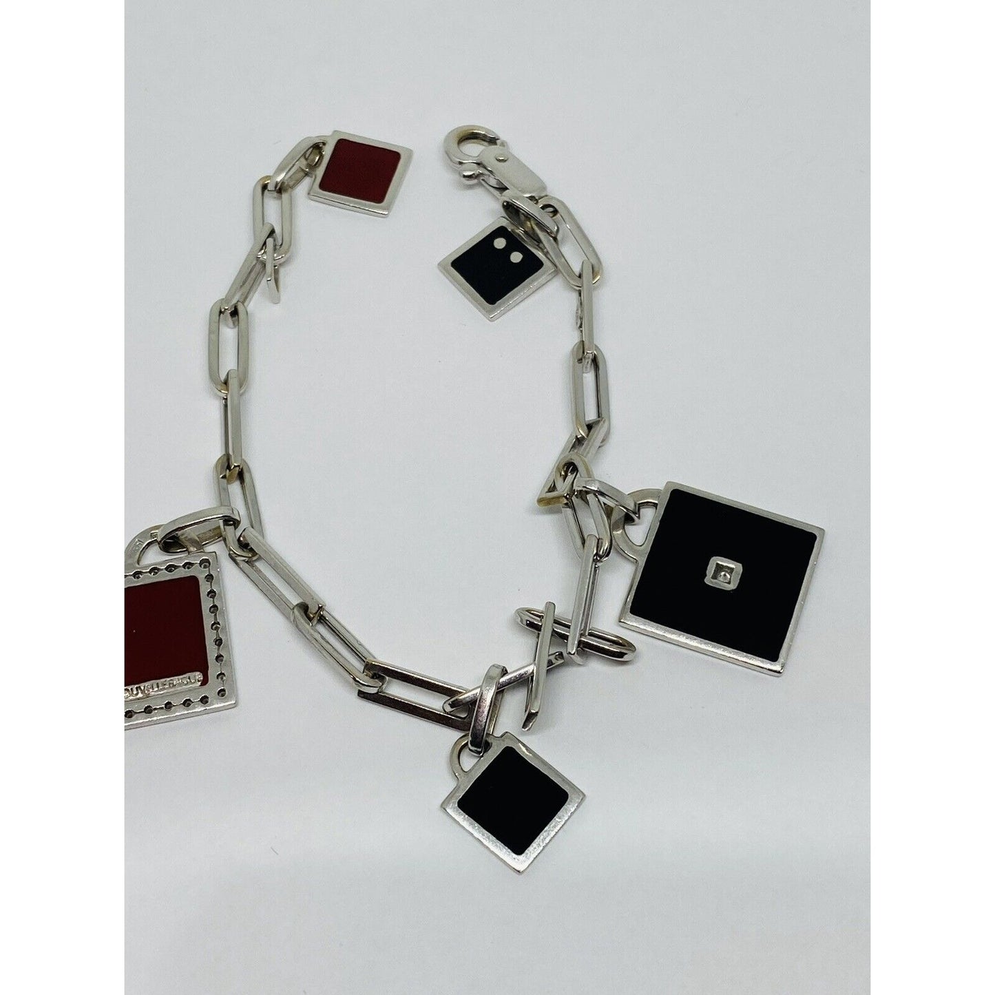 LA NOUVELLE BAGUE 0.22ct Diamond 18K Gold Square Charm Bracelet 7.25” RARE