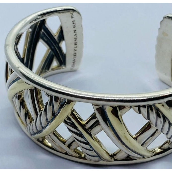 David Yurman Sterling Silver 18k Gold Papyrus Two Tone Wide Cuff Bangle Bracelet