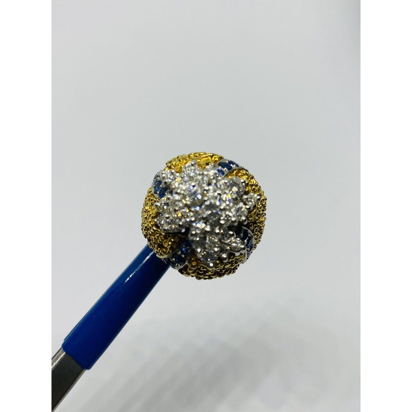 Heavy 18k Two Tone Gold 2.28TCW  VS Diamond Sapphire Cluster Texture Dome Ring