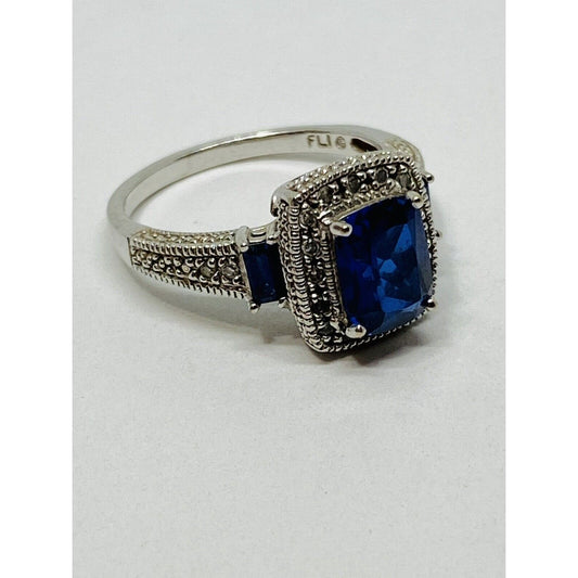 10k White Gold  Blue Sapphire & Diamond Halo Ring Signed FLI Size 6.75