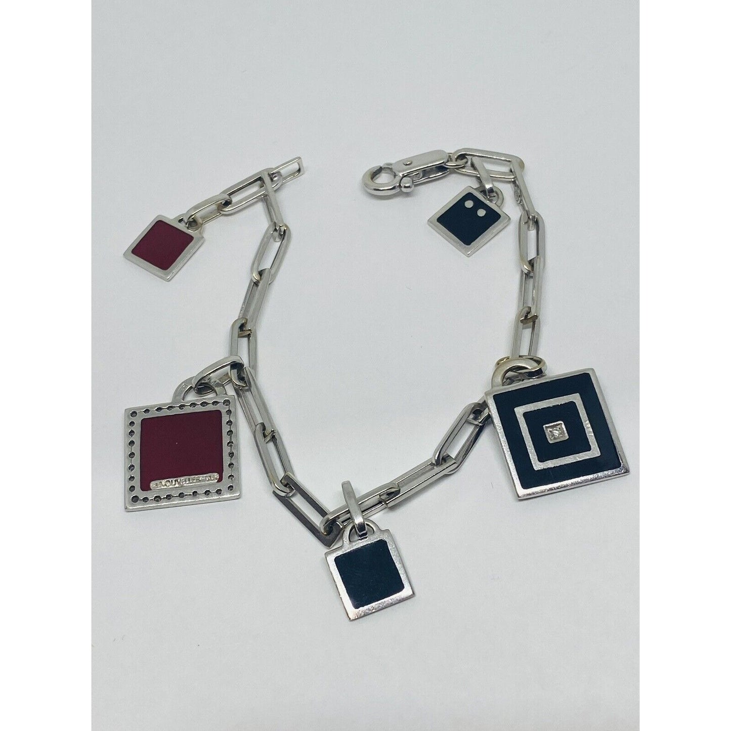 LA NOUVELLE BAGUE 0.22ct Diamond 18K Gold Square Charm Bracelet 7.25” RARE