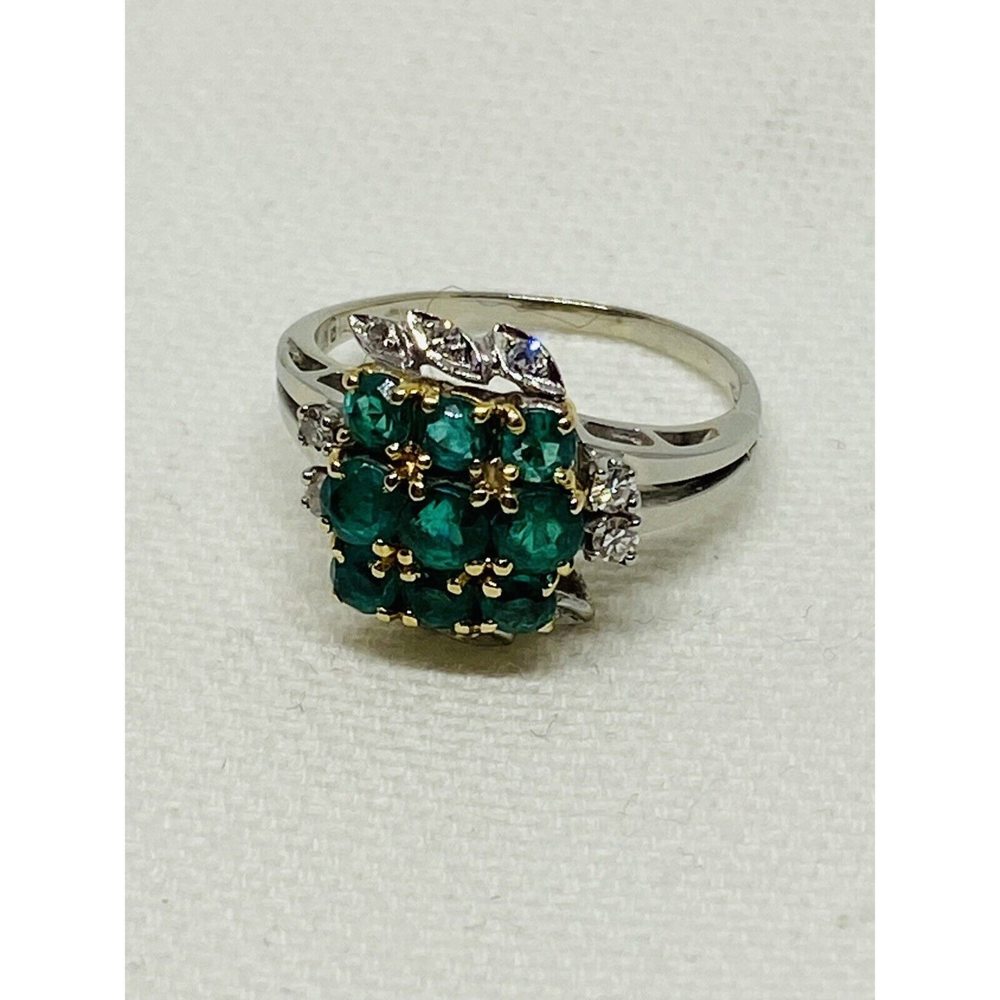 Vintage Diamond Emerald 18K White And Yellow Gold Cluster Ring
