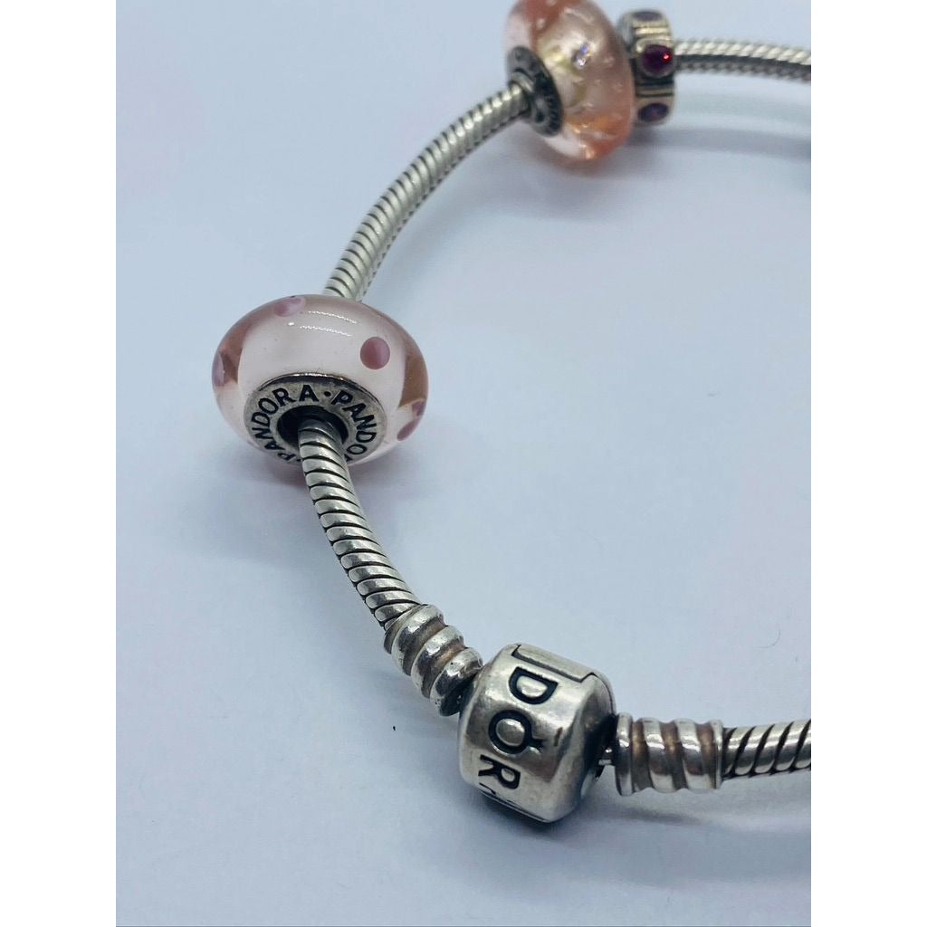 Authenitc Pandora Sterling Silver Bracelet With 9 Charms Pink Purple Theme