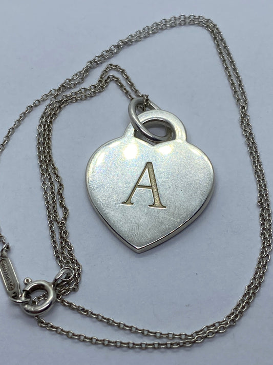 Tiffany & Co Silver Alphabet A Heart Charm Pendant Necklace 18” Long
