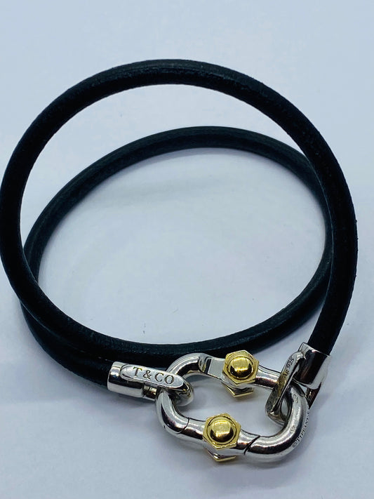 Tiffany & co. 1837 Makers Black leather cord Sterling and 18k Bracelet 14.25”