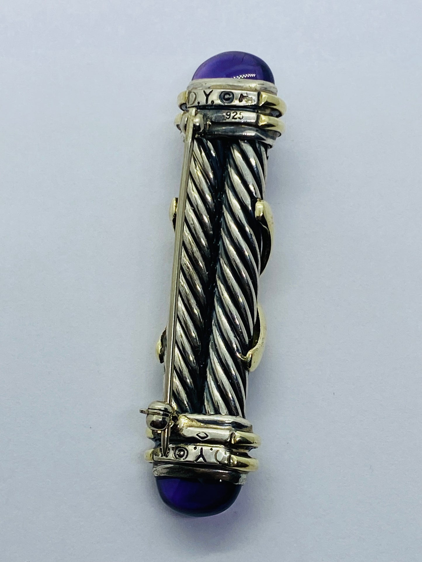 David Yurman Double Cable X Purple Amethyst SSilver 14K Gold Bar Brooch/Tie Pin