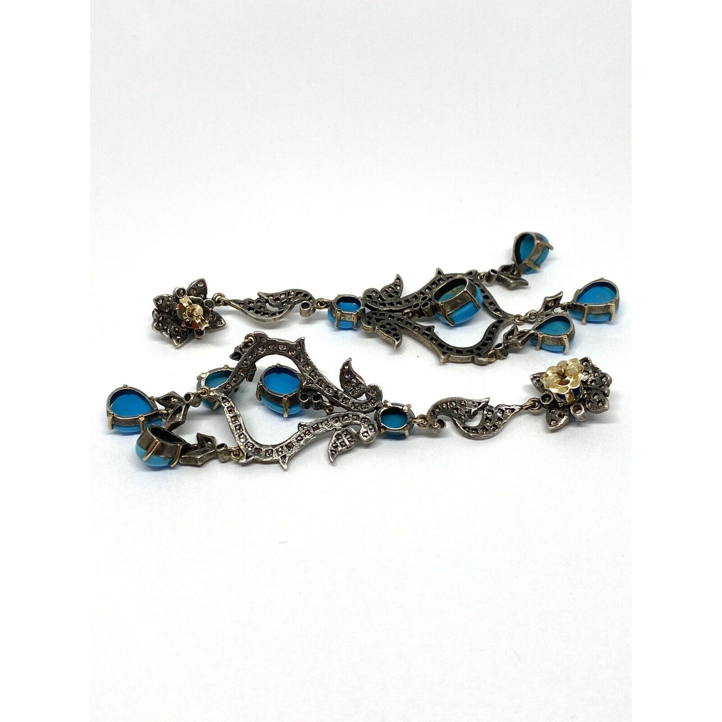 Diamond Turquoise Silver 14K Gold Filigree Long Drop Earrings 16.9 Mint!