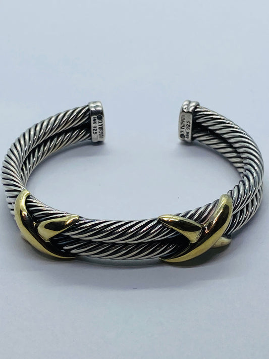 David Yurman Double X Cable Cuff Bracelet 6 1/4" Sterling 925 & Yellow Gold 14k